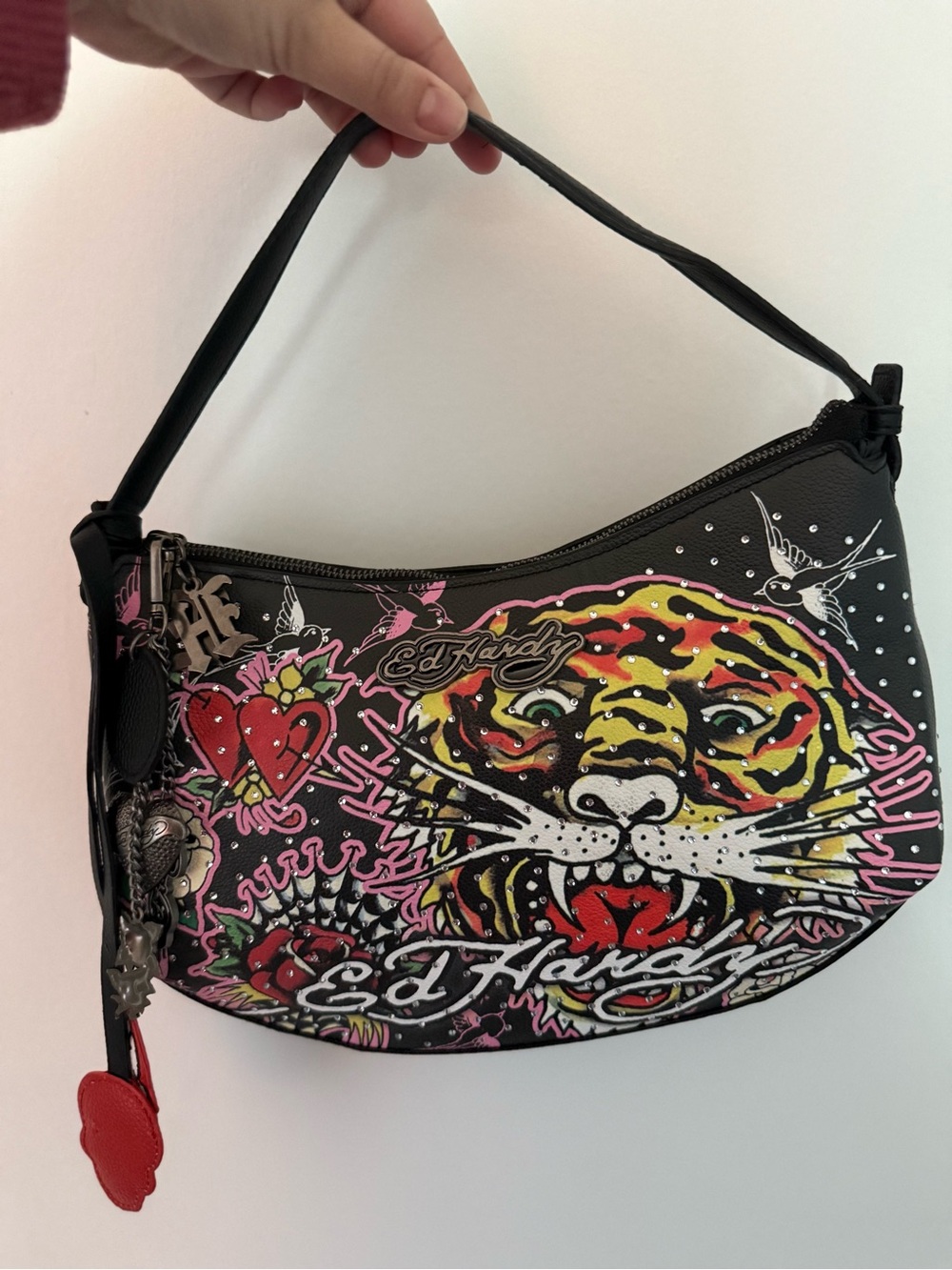 Ed Hardy Black Shoulder Bag with Yellow and Pink Tiger Graphic